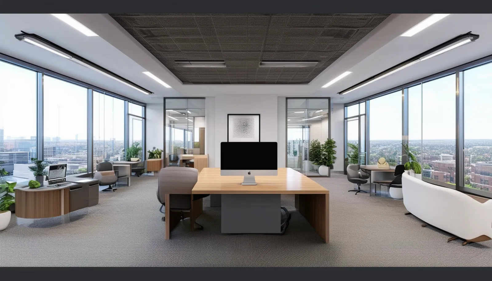 Professional photograph of a modern commercial office space with natural lighting