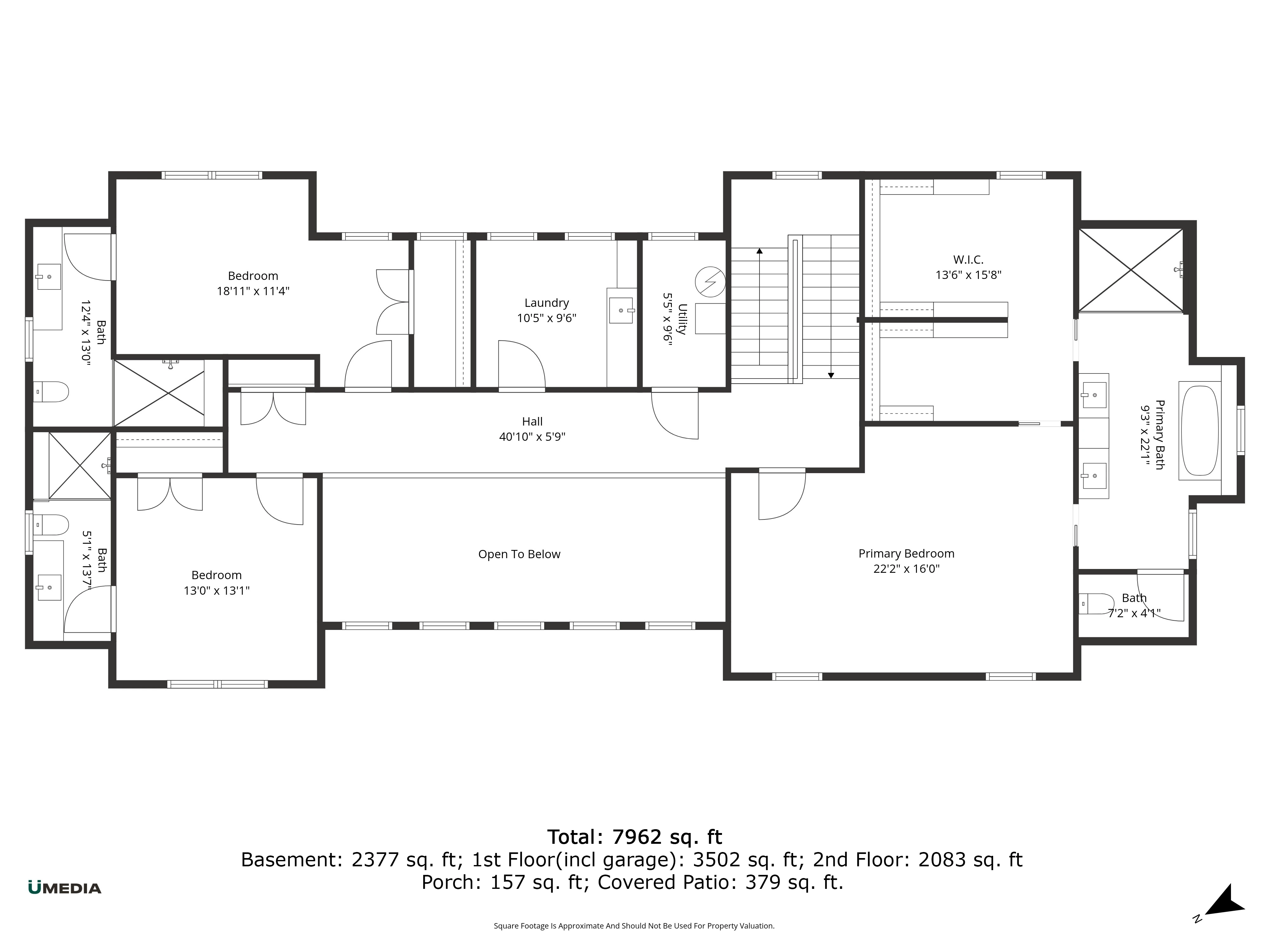 2D Floor Plan — Second Floor (2,083 sqft) showing primary bedroom suite, bedrooms, laundry, and open-to-below overlook