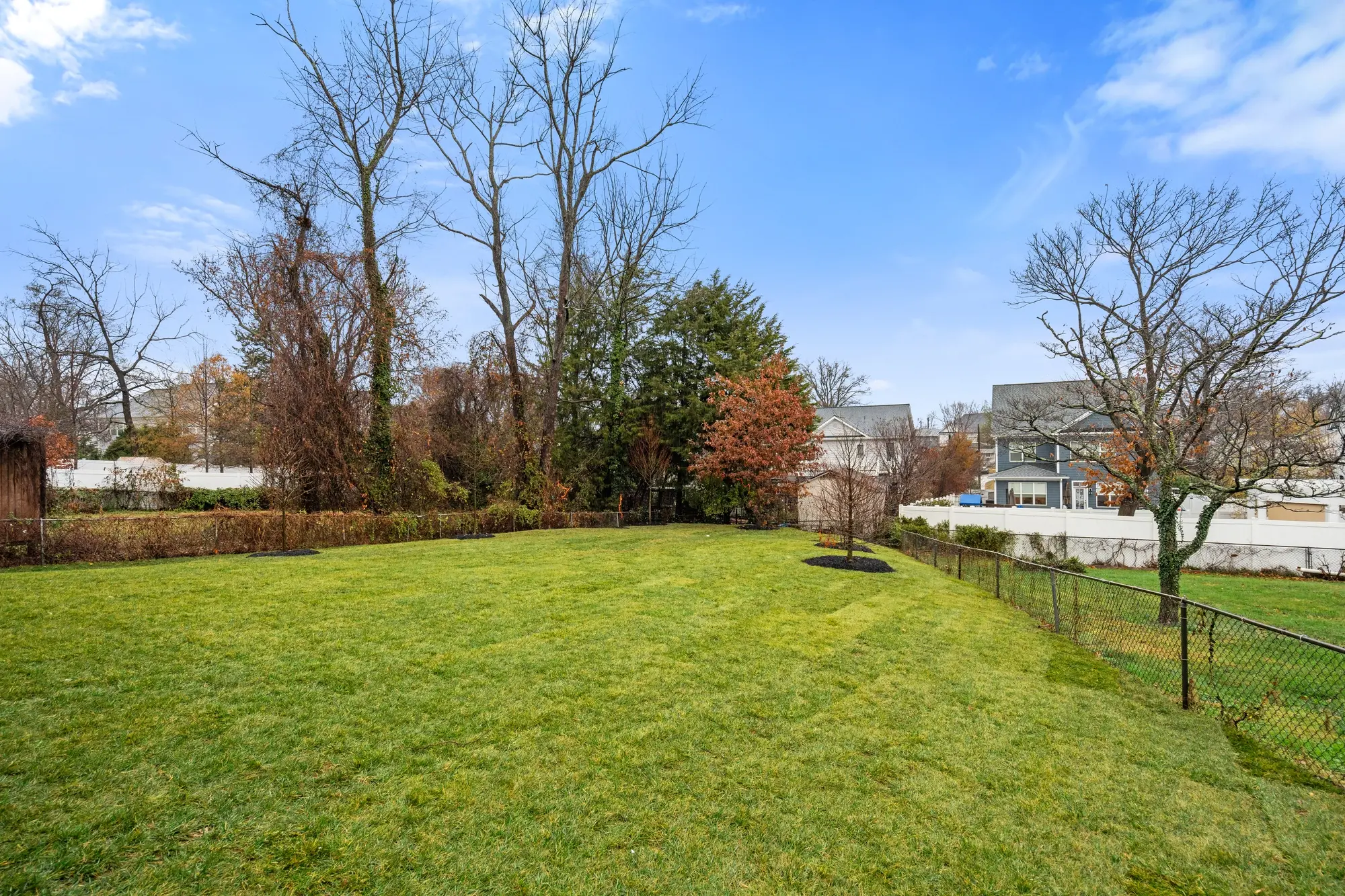 Large landscaped backyard with mature trees and fenced perimeter