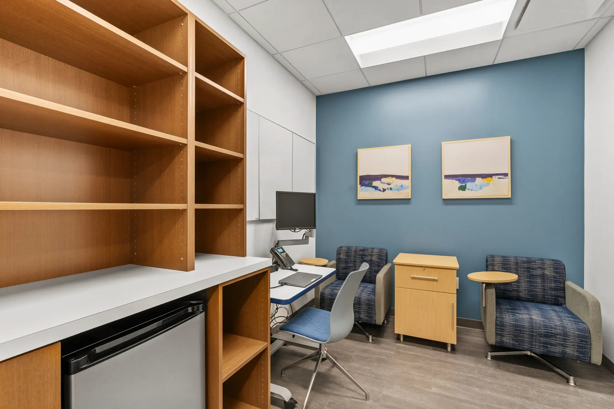 Private consultation lounge with blue accent wall, landscape artwork, upholstered armchairs, built-in shelving, and mini fridge