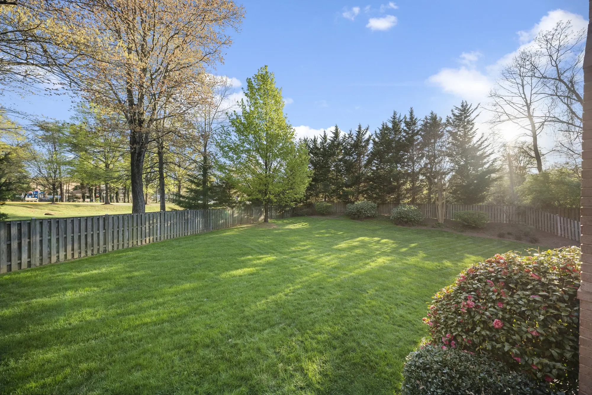 Large fenced backyard with green lawn and mature trees