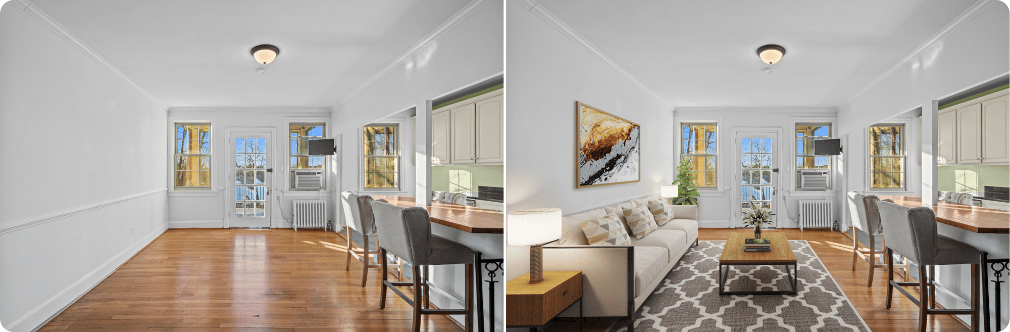 Virtual staging before and after — empty living room vs fully furnished space